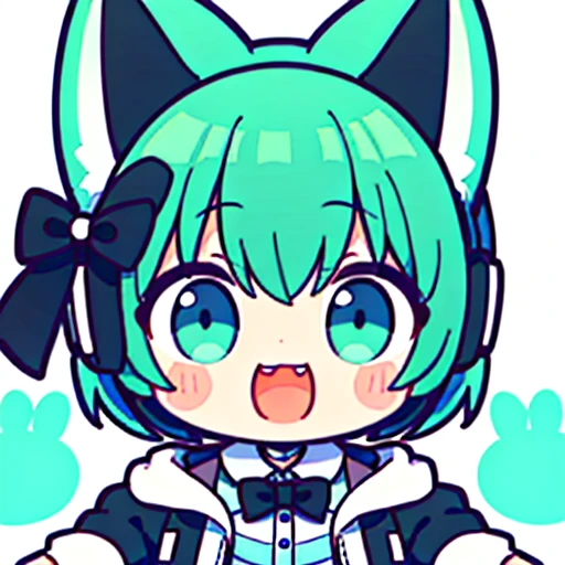1 children,Short green hair,Blue and white cat ears,Black and white jacket,Ear Headphone,Coda,laughing