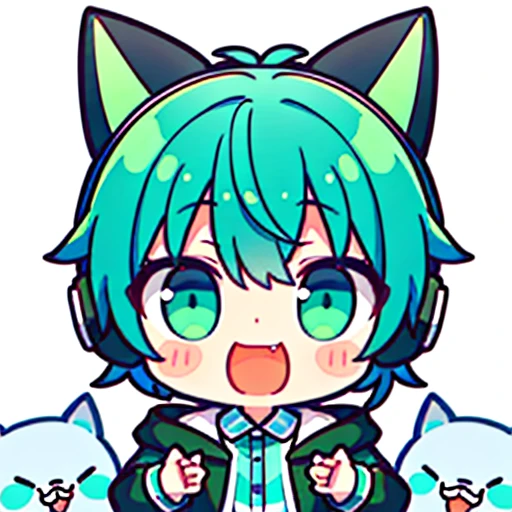 1 children，Short green hair，Blue and white cat ears，Black and white jacket，Ear Headphone，Coda，laughing