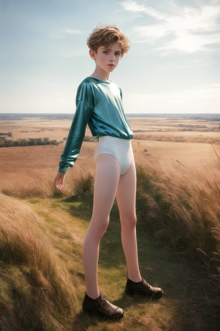 masterpiece, best quality, hyperrealistic, cinematic photo, young boy, pale skin, very skinny body, very short man, small man, big head, ((Fantasy costume)), skinny legs, skinny arms, large hands, young face, (blured background), modern style, from above, (high-angle shoot), footage from top, view from above, (full body shot), standing, (view viewer), looking at viewer,(8k, epic composition, photorealistic, sharp focus), detailed background, tall grass, DSLR, foil grain, backlight