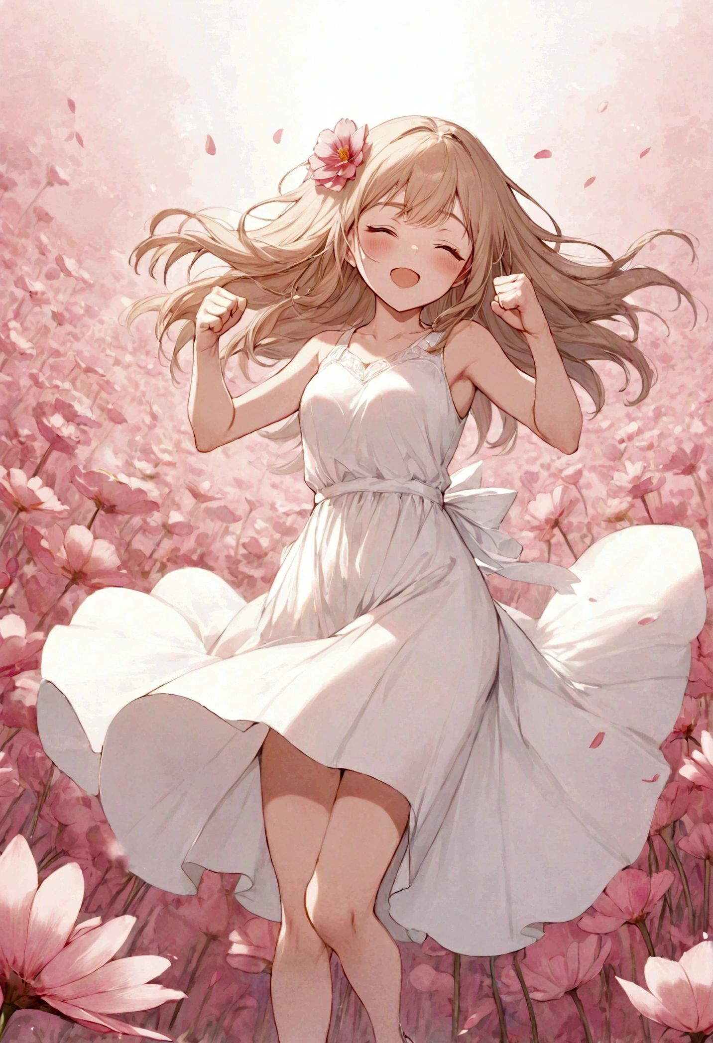 A goddess with long, straight beige hair in a white dress jumping and closing her eyes while making a fist pump The background is a pink flower field