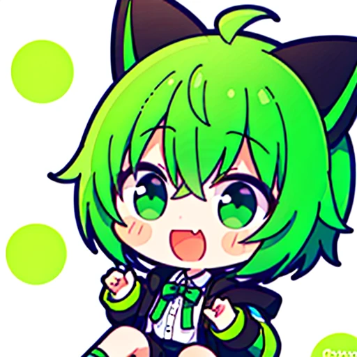1 children,Short green hair,Green and white cat ears,Black and white jacket,Ear Headphone,Coda,laughing