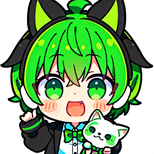 1 children，Short green hair，Green and white cat ears，Black and white jacket，Ear Headphone，Coda，laughing