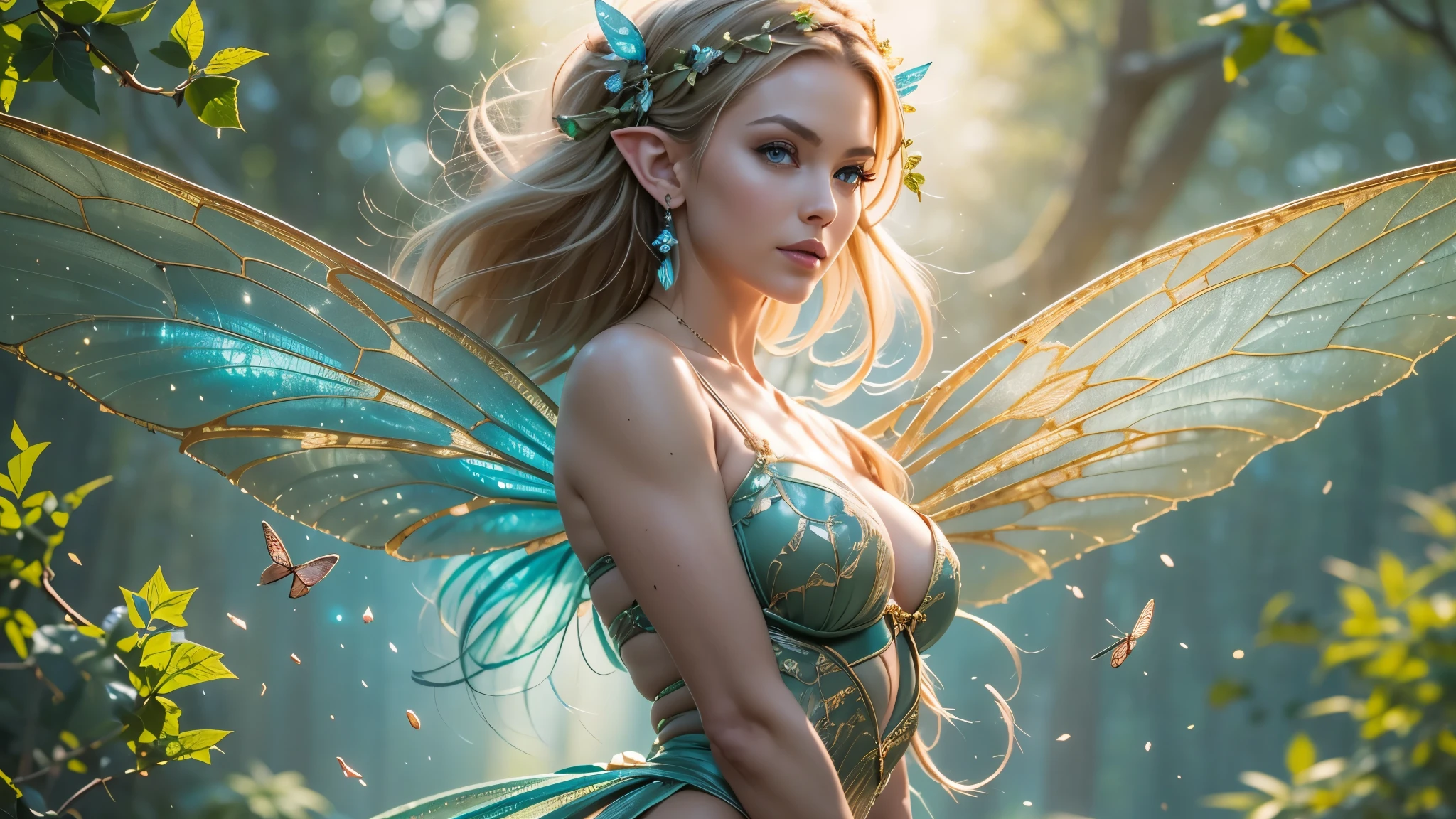 Beautiful faerie woman, elf ear, flying, centered holographic dragonfly wings, balanced wings, glowing blue eyes, detailed proportional hand, proportional body, firm breast, silk tutu, frank Frazzetta painting style, (Best Quality:1.4), (Ultra-detailed), (extremely detailed CG unified 8k wallpaper), Highly detailed, RAW Photos, Professional Photography, plein air, Illumination, (Super fancy photos:1.4), (Dazzling light), Radiant Photography, depth of fields