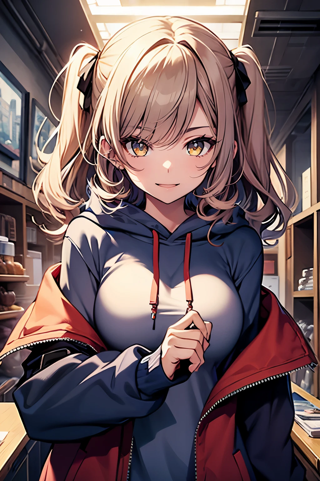 1 girls, solo, off-shoulder sleeves, camisoles, blue clothes, big breasts, khaki clothes, velour clothes, one side up, hoodies, masterpiece, high quality, best quality, upper body