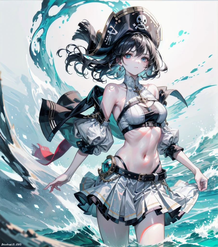 absurdres, RAW photo, extremely delicate, extremely beautiful, masterpiece, Best Quality, ultra high resolution, 32k, hyperrealistic, ultra-detailed description, perfect anatomy, pale skin, 20 years old, detailed beautiful face, detailed beautiful face eyes, tearful mole, earring, short medium hair, wavy hair, black hair, big tits, slim body, narrow waist, whole body, pirate top, short skirt, pirate hat, white shirt, a lone island in the vast ocean, pristine white sandy beaches, crystal clear turquoise waters,