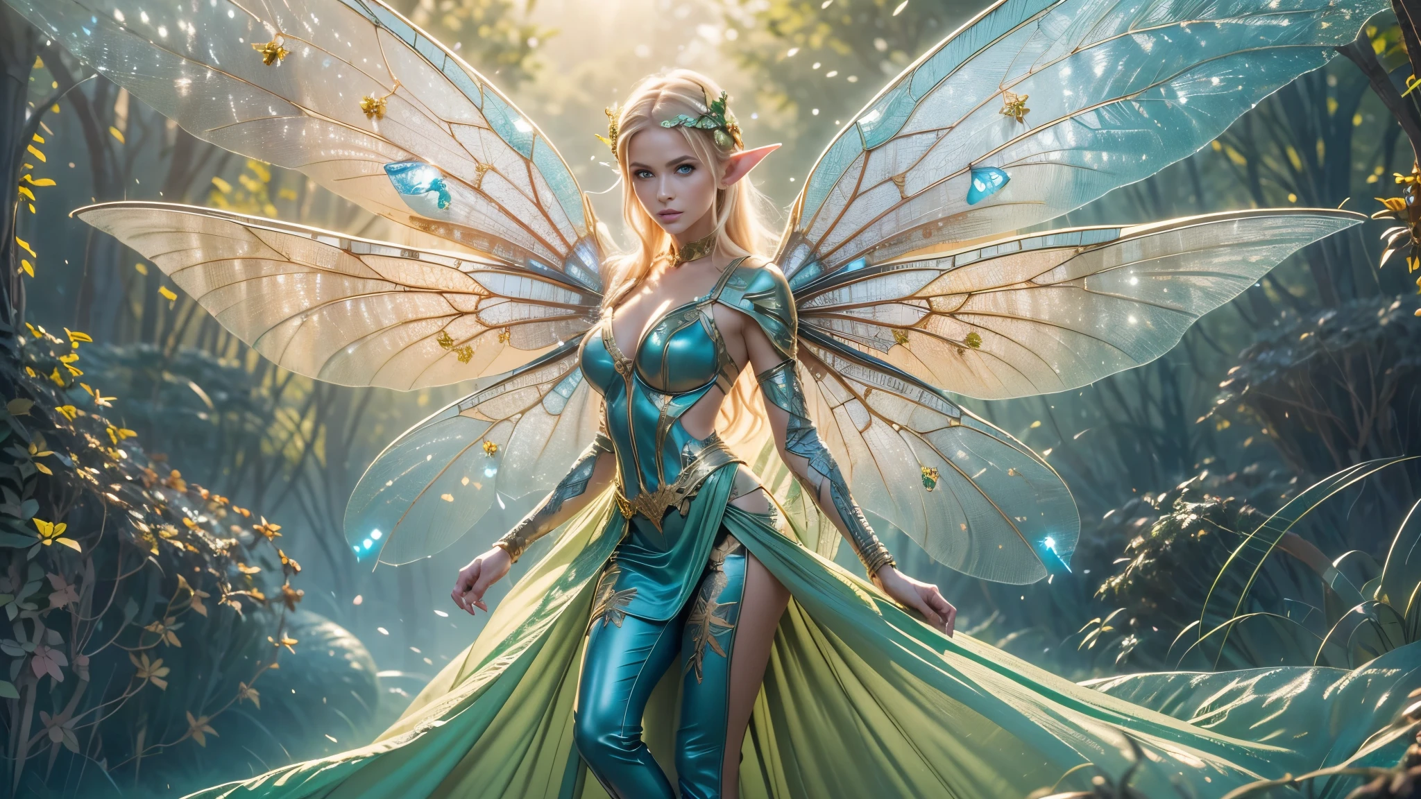 Beautiful faerie woman, elf ear, flying, centered holographic dragonfly wings, balanced wings, glowing blue eyes, detailed proportional hand, proportional body, firm breast, silk tutu, frank Frazzetta painting style, (Best Quality:1.4), (Ultra-detailed), (extremely detailed CG unified 8k wallpaper), Highly detailed, RAW Photos, Professional Photography, plein air, Illumination, (Super fancy photos:1.4), (Dazzling light), Radiant Photography, depth of fields
