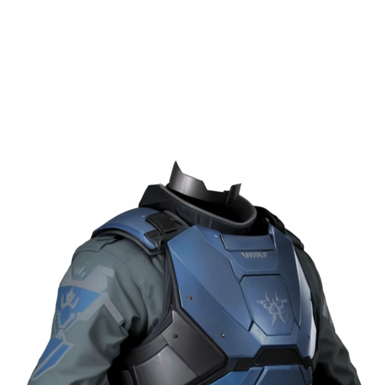 un primer plano de una persona vestida con un uniforme azul y un casco, armadura mjolnir de halo infinito, ropa del futuro soldado, traje de combate, Armadura azul marino, Armadura Apex Legends, Paragraph, traje sigiloso, blue uniform, Intimidante armadura de cuerpo completo, torso superior incluido, con un traje de mercenario del espacio oscuro, Full body worn damaged layer, armadura de superficie dura