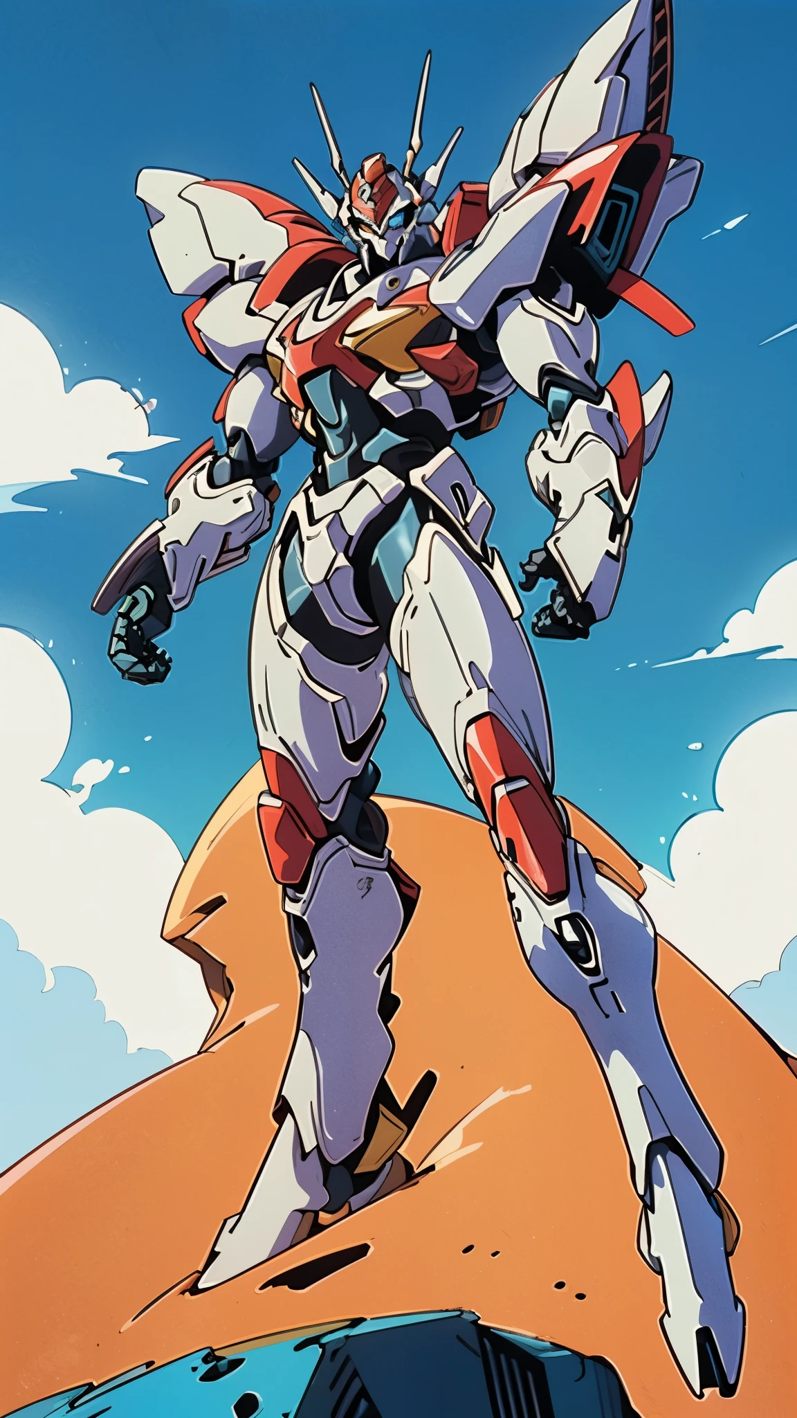 Humanoid Mecha, fully enclosed shoulder guards, matching arm and leg guards, full body, full armor, the design balances heavy with agility, (the color scheme is primarily white with red and blue accents, the concept Inspired by Super robot, organic biotech armor, standing, floating high above the futuristic sci-fi city), exquisite and mature art style, (aura effect, energy, glowing eyes, the armor glows), ((SRS)), metallic, dynamic, dramatic, high definition, best quality, highres, ultra-detailed, ultra-fine painting, extremely delicate, professional, perfect body proportions, anatomically correct, symmetrical face, extremely detailed eyes and face, high quality eyes, creativity, RAW photo, UHD, 32k, Natural light, cinematic lighting, masterpiece-anatomy-perfect, masterpiece:1.5