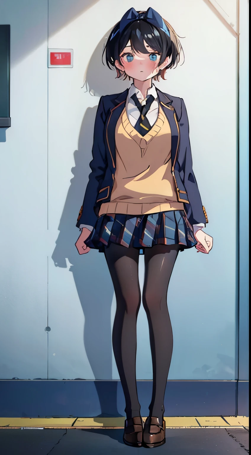 finest, masterpiece, High resolution, (Full body view from head to toe), Composition from slightly below the front, Symmetrical, 18 years old, slim and beautiful girl, alone, (small breasts), (not wearing shoes),Unkempt brown hair, bangs, (black tights), (black pantyhose), tied up with both arms hidden behind the back, , blush, shy big eyes, looking at camera, blazer uniform, plaid pleated skirt、Panties around ankles、Black knee-high socks
