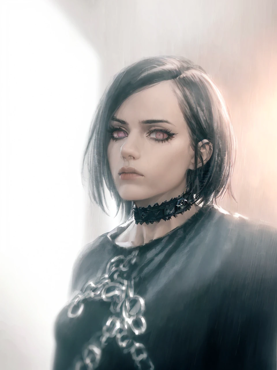 beautiful woman with emo style, black hair, dark eye makeup, choker necklace, black clothes, melancholic expression, rainy city background, gloomy atmosphere, dramatic lighting, dark color palette, cinematic composition, (best quality,4k,8k,highres,masterpiece:1.2),ultra-detailed,(realistic,photorealistic,photo-realistic:1.37),dramatic portrait,moody lighting,cinematic,dark aesthetic