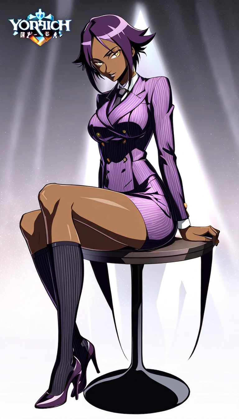  Full body Yoruichi as a thin Black business woman in a double breasted pinstripe purple  skirt suit while wearing a tie with a very long purple pinstripe skirt that covers the legs and with long black knee socks full art and make her sit down also give her thin legs and purple heels