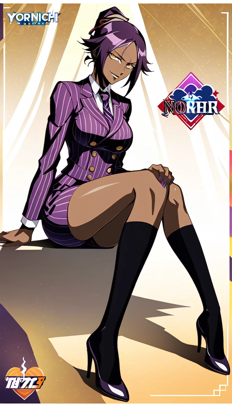  Full body Yoruichi as a thin Black business woman in a double breasted pinstripe purple  skirt suit while wearing a tie with a very long purple pinstripe skirt that covers the legs and with long black knee socks full art and make her sit down also give her thin legs and purple heels