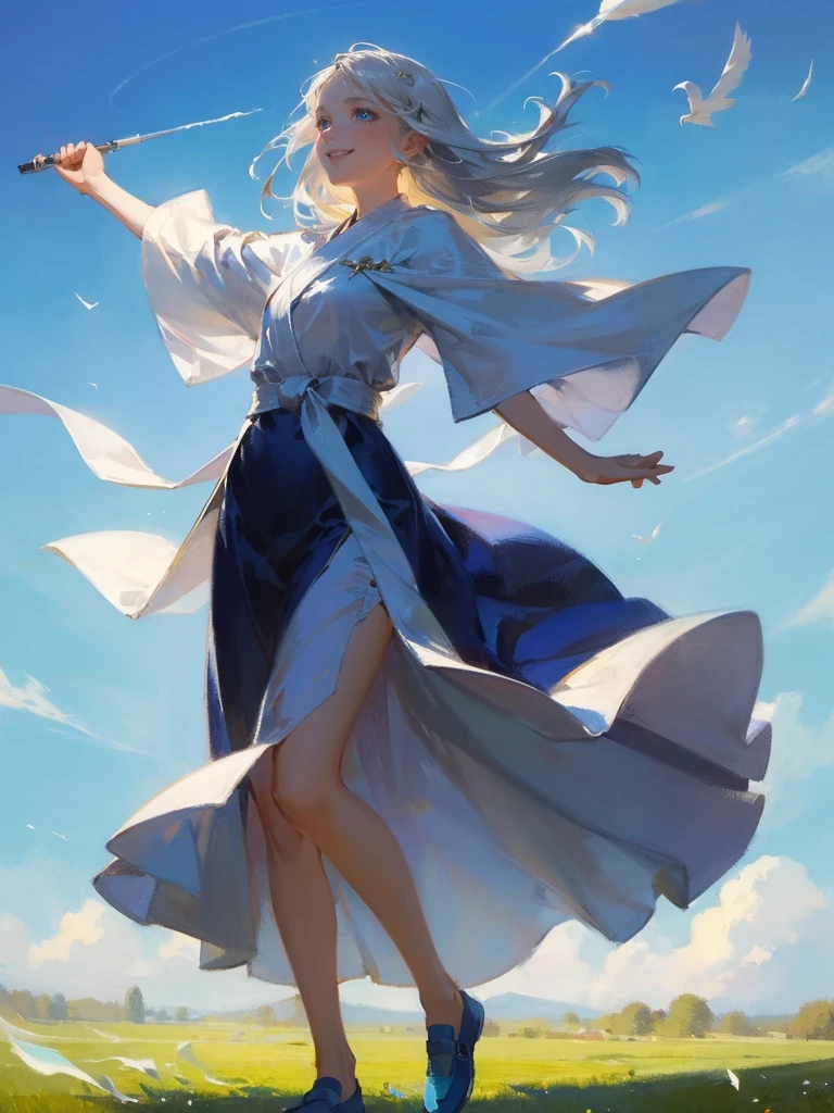 masterpiece, 1 woman, Zephyr, 30 year old woman, adult, mature look, mature adult face, smiling and dancing, she has a deep love for the sky and is rarely seen without a smile, full body illustration, long, flowing silver hair that seems to move with the slightest breeze, and sky-blue eyes that sparkle with mischief, high detail, fantasy medieval style clothes (light flowing robes in shades of blue and white designed for maximum freedom of movement, flat blue shoes designed for mobility), attire is modest but feminine, she's holding a pair of lightweight razor-sharp fans, she is graceful and fluid, wind is swirling around her dynamically, intricate details, ultra high resolution, sharp focus, HD, 8k, clear facial features, clear details, zoomed out view, (((the background is an open field)))