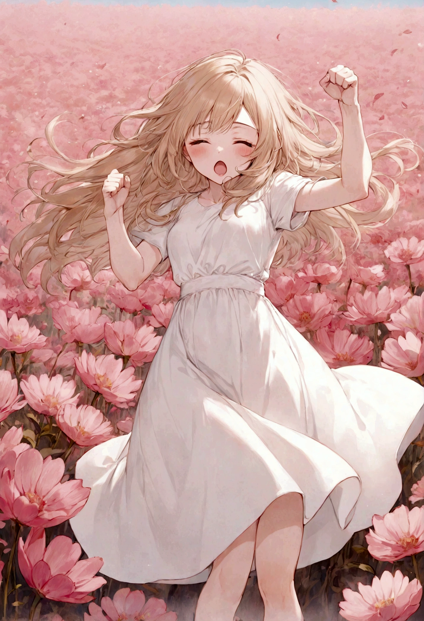 A goddess with long, straight beige hair in a white dress, with one hand raised in a fist and jumping in the air with her eyes closed and her mouth wide open The background is a pink flower field