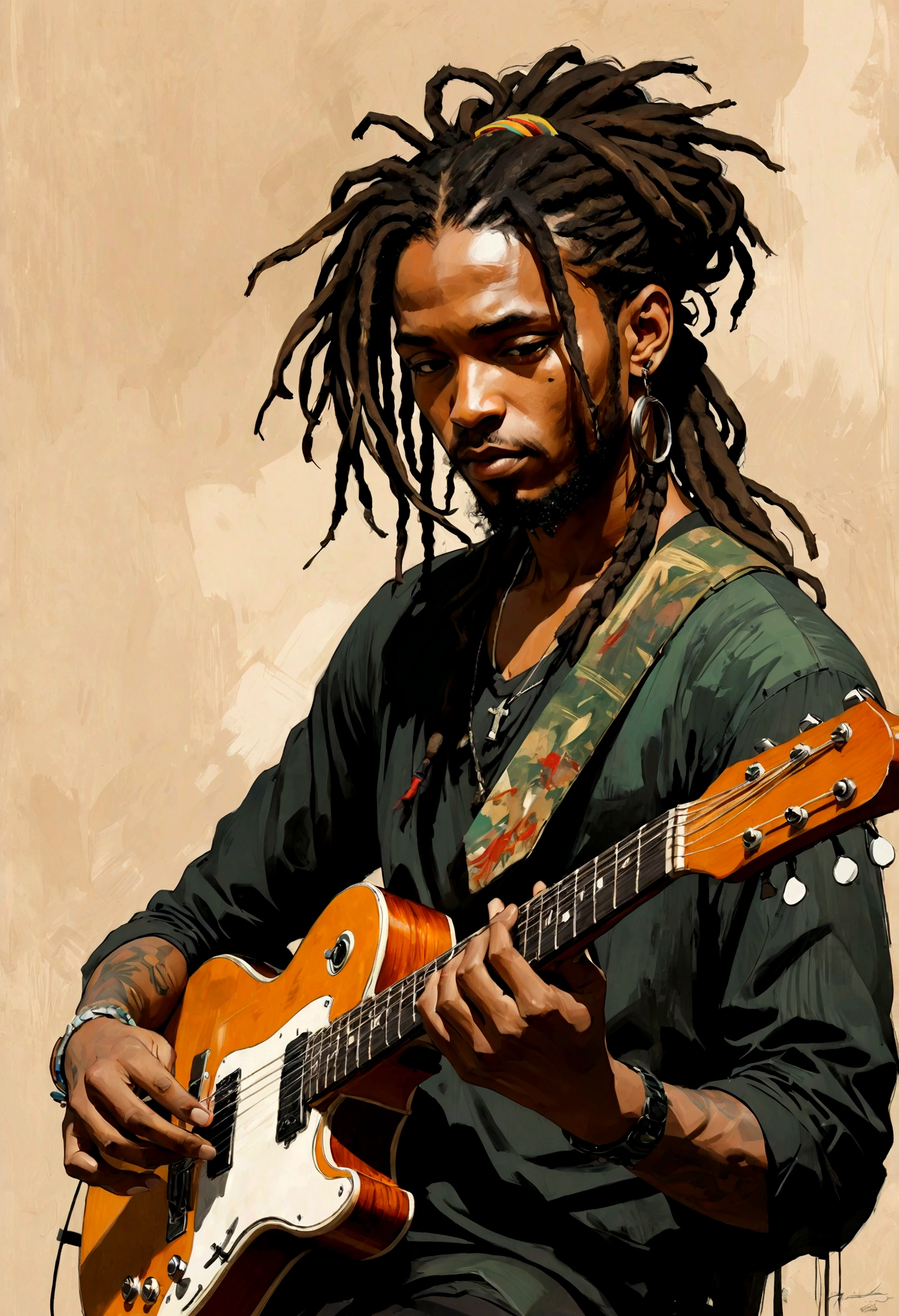 Image of a black man with dreadlocks playing a guitar, Russ Mills style, Michael Garmash, attractive sketches, Monoha, modern Asian art, Lilia Alvarado, concise pincelada --AR 69:128 --s 750 --V 5. 2, reggae core pincelada