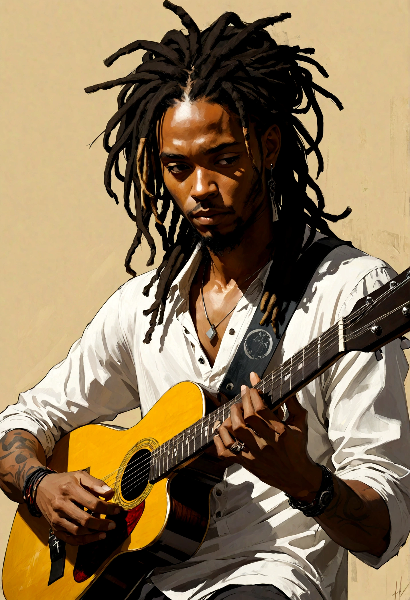 Image of a black man with dreadlocks playing a guitar, Russ Mills style, Michael Garmash, attractive sketches, Monoha, modern Asian art, Lilia Alvarado, concise pincelada --AR 69:128 --s 750 --V 5. 2, reggae core pincelada
