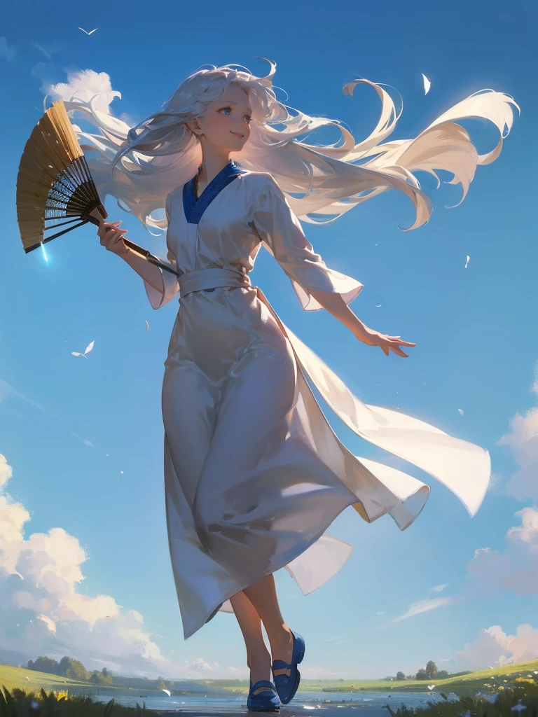 masterpiece, 1 woman, Zephyr, 30 year old woman, adult, mature look, mature adult face, smiling and dancing, she has a deep love for the sky and is rarely seen without a smile, full body illustration, long, flowing silver hair that seems to move with the slightest breeze, and sky-blue eyes that sparkle with mischief, high detail, fantasy medieval style clothes (light flowing robes in shades of blue and white designed for maximum freedom of movement, flat medieval style blue shoes designed for mobility), attire is modest but feminine, (((she's holding a lightweight razor-sharp fan)), she is graceful and fluid, (((wind is swirling around her dynamically))), intricate details, ultra high resolution, sharp focus, HD, 8k, clear facial features, clear details, zoomed out view, (((the background is an open field)))