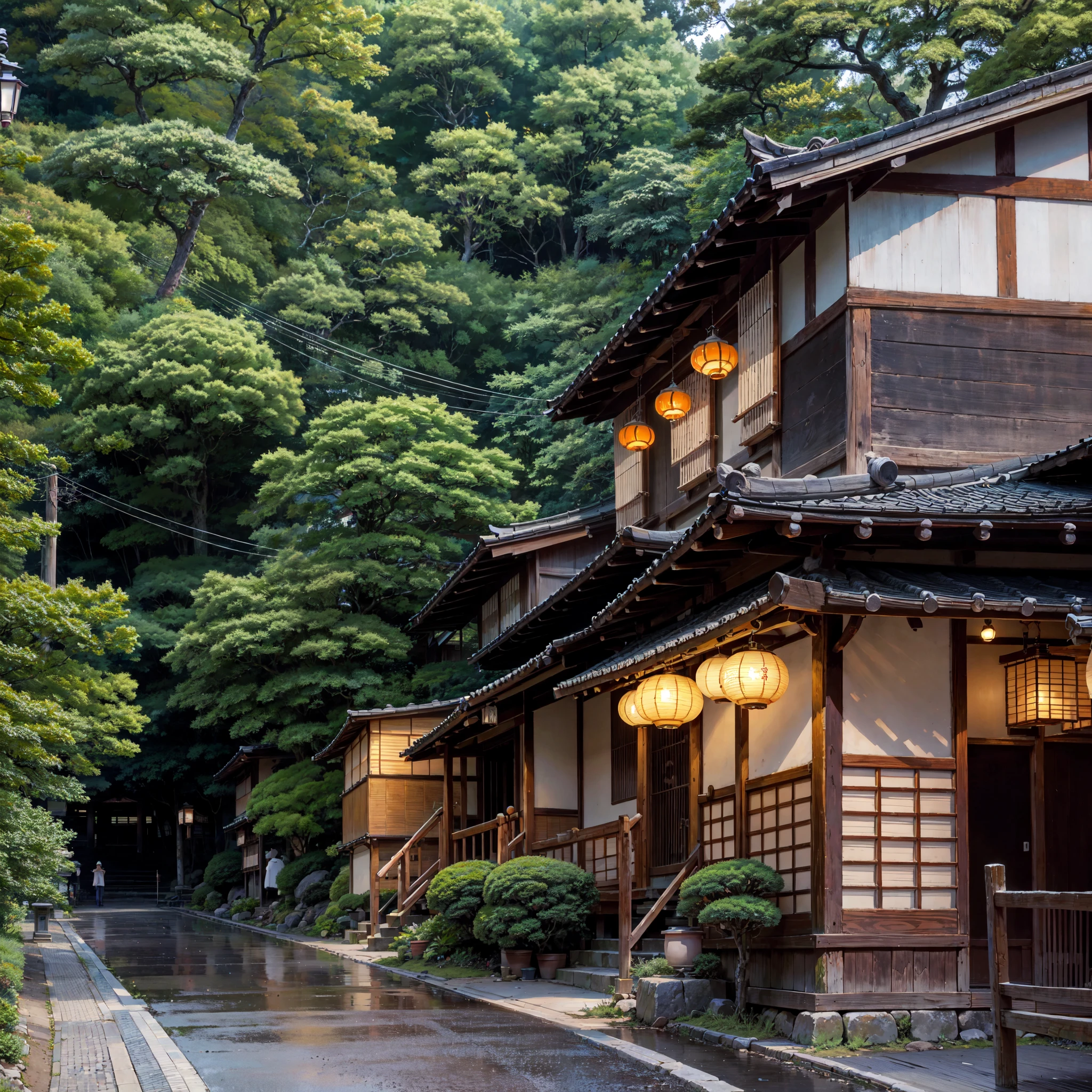 there are many lanterns hanging from the roof of a building, japanese village, japanese banners, plant pots, japanese town, japanese street, japanese neighborhood, ryokans and edo era houses, japanese city, kyoto inspired, kyoto japan setting, japanese rural town, japan travel aesthetic, japanese house, rural japan, ancient japanese architecture, edo japan, japanese architecture, japanese downtown, kyoto, japanese style, japanese temples