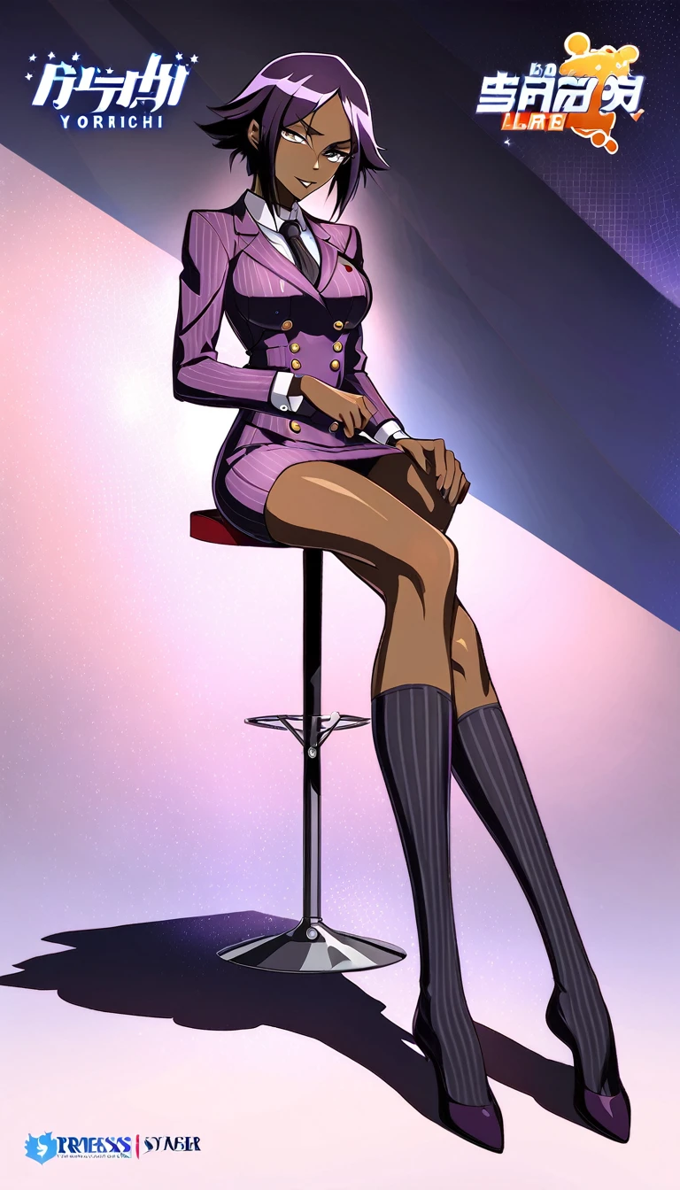 Full body Yoruichi as a thin Black business woman in a double breasted pinstripe purple skirt suit while wearing a tie with a very long purple pinstripe skirt that covers the legs and with long black knee socks full art and make her sit down also give her thin legs and purple heels