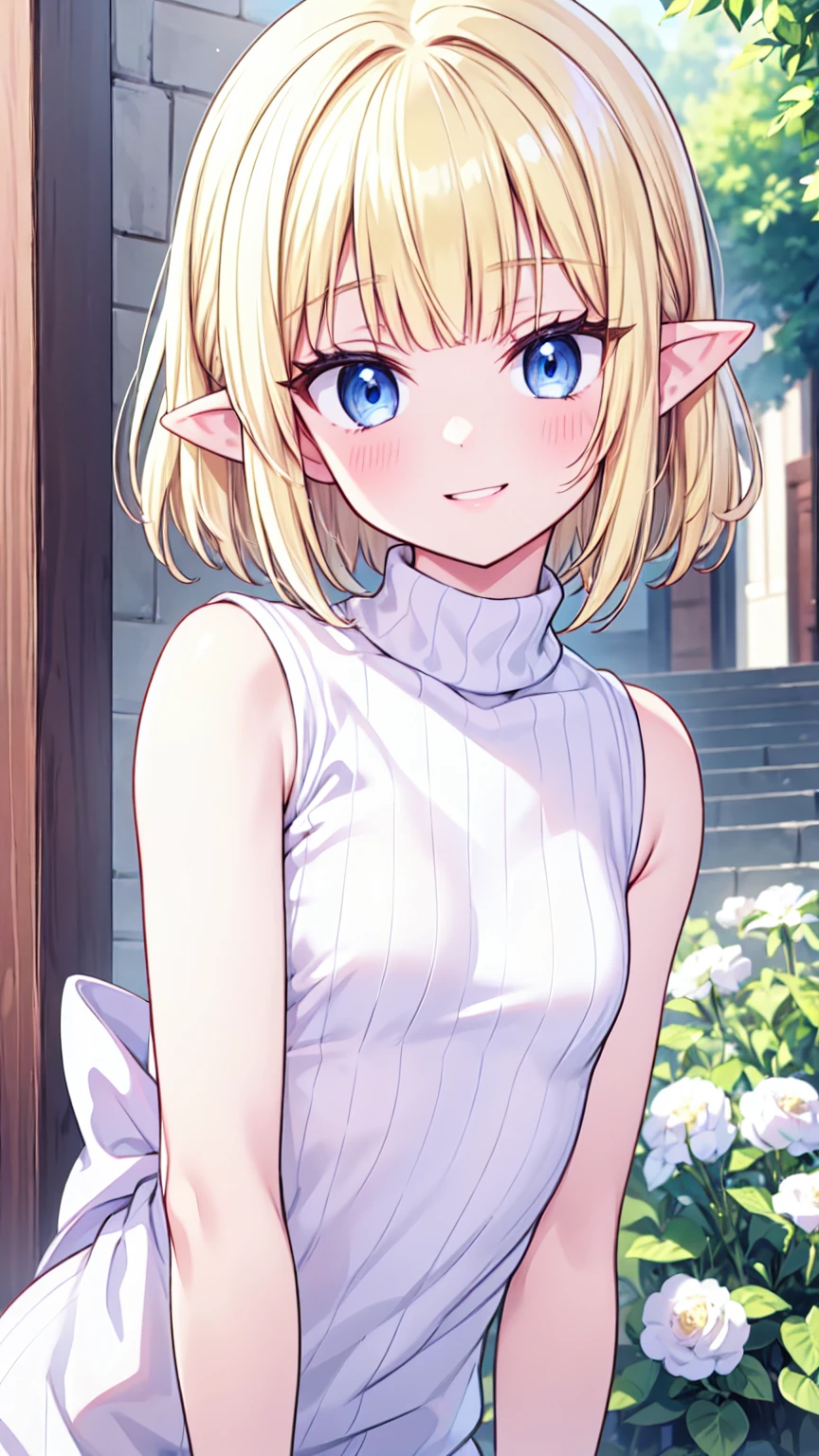 Very close、((Focus on the upper body))、16k、masterpiece、High resolution、High resolution、((1 young elven female))、((Beautiful white skin))、((Beautiful blonde))、((Small breasts))、Bun Head、Short Hair、((Beautiful Blue Eyes))、((Pointy Ears))、Smiling Kindly、Grin、blush、Pink Lip Gloss、Shiny skin、((Sleeveless Summer Sweater))、((In a crowded city))、Courting me