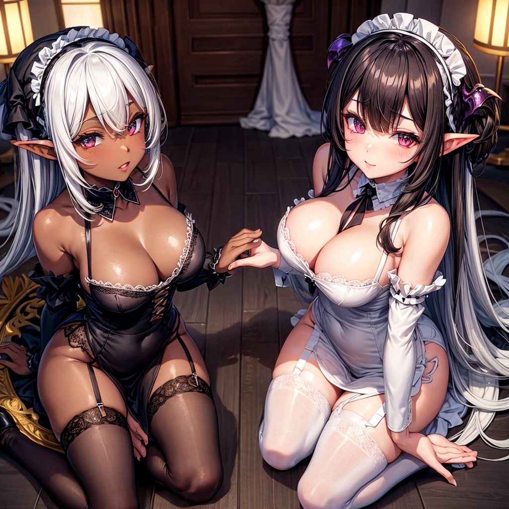 Maid clothes Half dark elf and half succubus Alluring thighs Knee-high socks Large Breasts Brown Skin