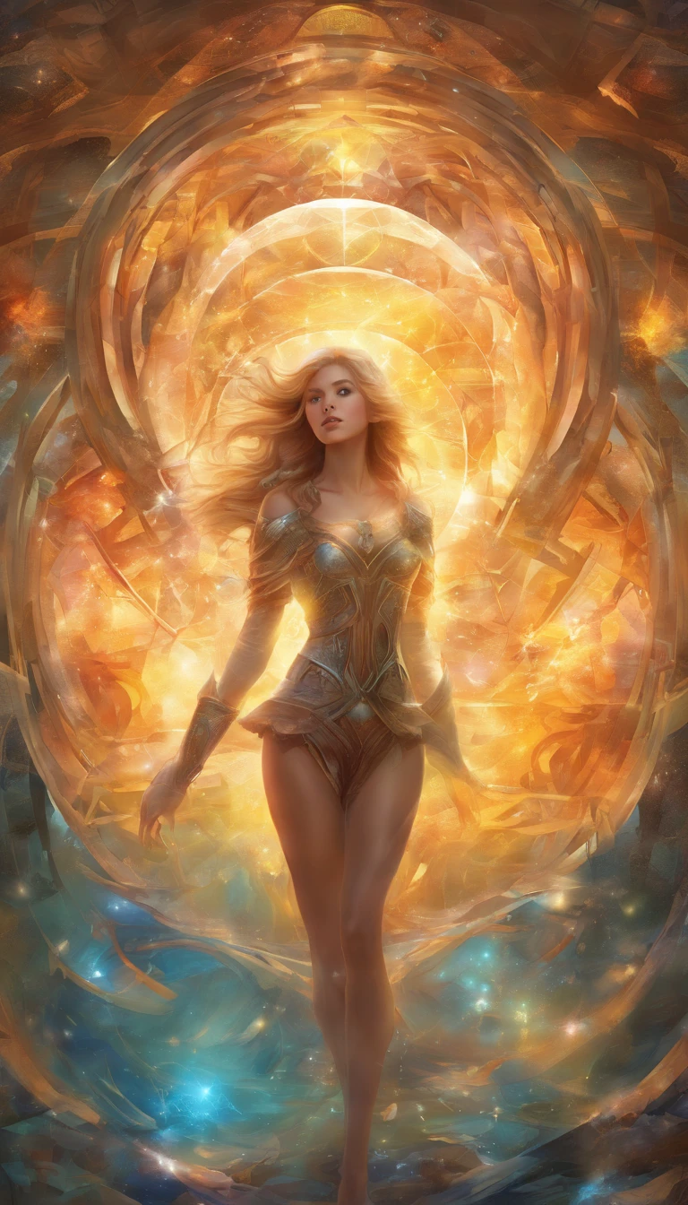 hyperrealism+Surrealism+Abstraction+Cubism, a girl in a multidimensional projection emerges from a time portal in the atomic splitting of micropixel smoke. CGI,Digital-art,1024 K, aesthetics of the female body, perfect pose, beauty of anatomical details
