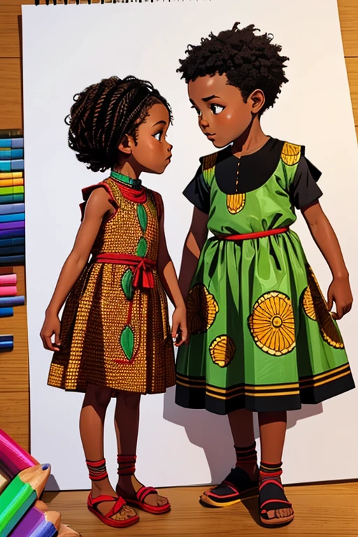 create a drawing of two black children talking and wearing traditional African clothes