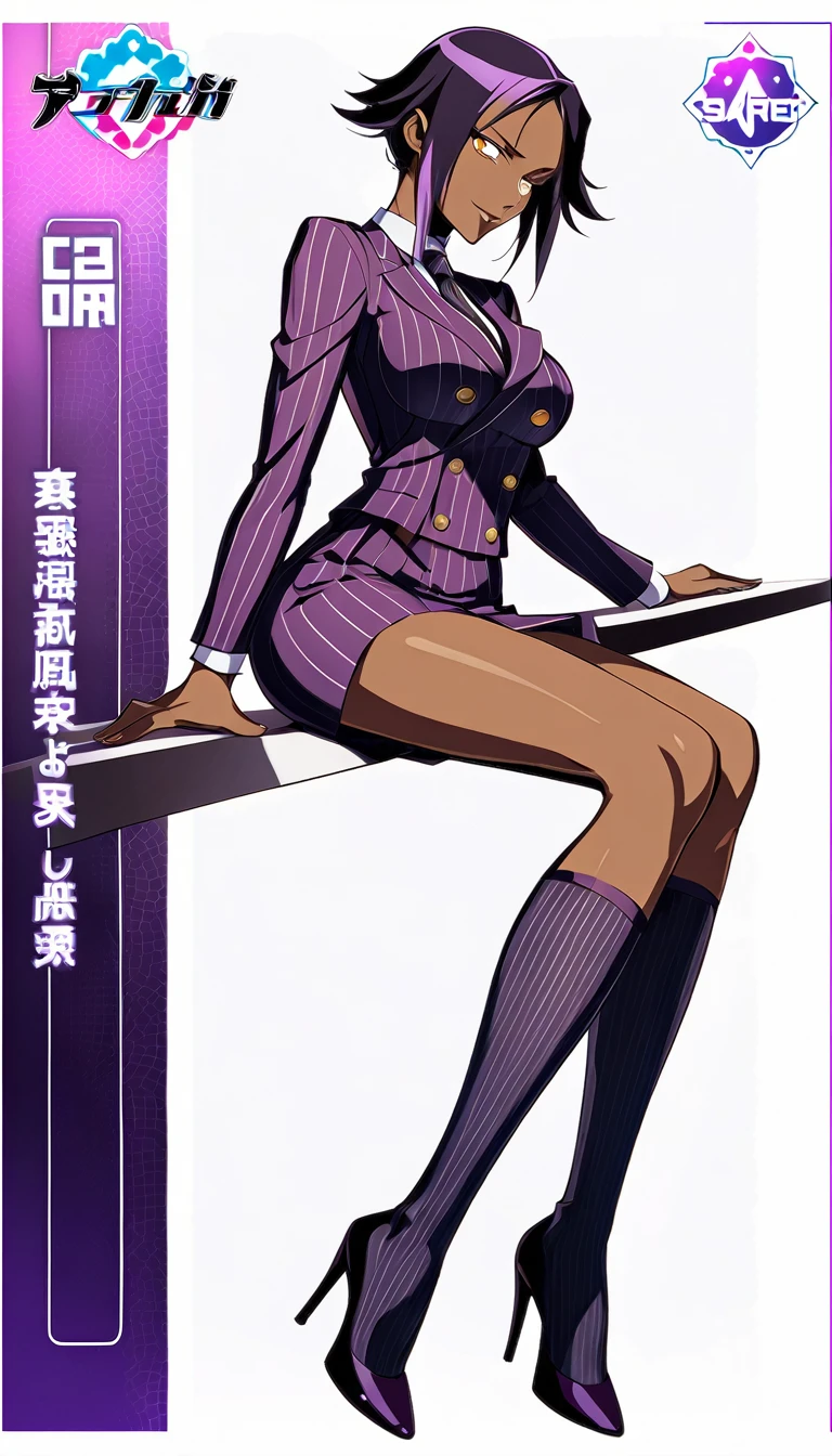 Full body Yoruichi as a thin Black business woman in a double breasted pinstripe purple skirt suit while wearing a tie with a very long purple pinstripe skirt that covers the legs and with long black knee socks full art and make her sit down also give her thin legs and purple heels