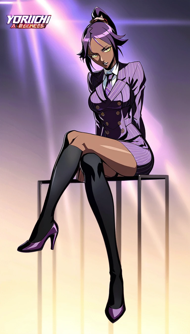  Full body Yoruichi as a thin Black business woman in a double breasted pinstripe purple  skirt suit while wearing a tie with a very long purple pinstripe skirt that covers the legs and with long black knee socks full art and make her sit down also give her thin legs and purple heels