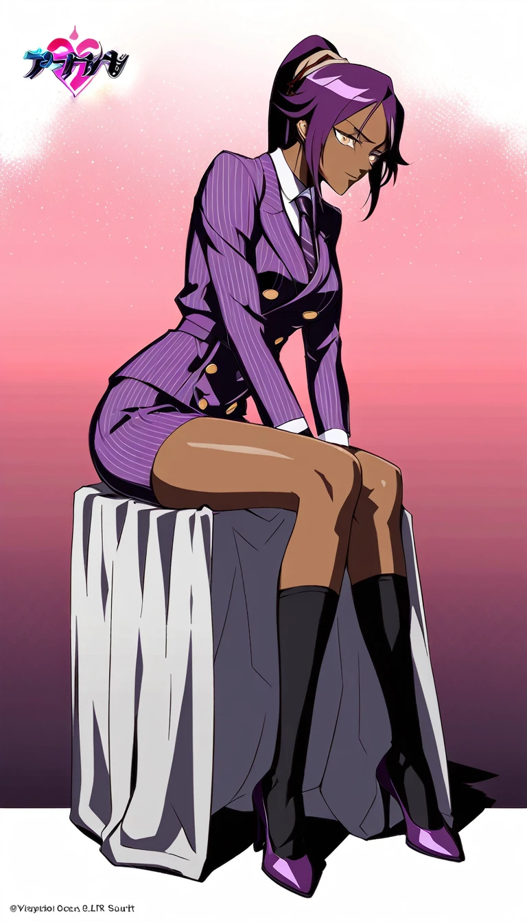 Full body Yoruichi as a thin Black business woman in a double breasted pinstripe purple skirt suit while wearing a tie with a very long purple pinstripe skirt that covers the legs and with long black knee socks full art and make her sit down also give her thin legs and purple heels