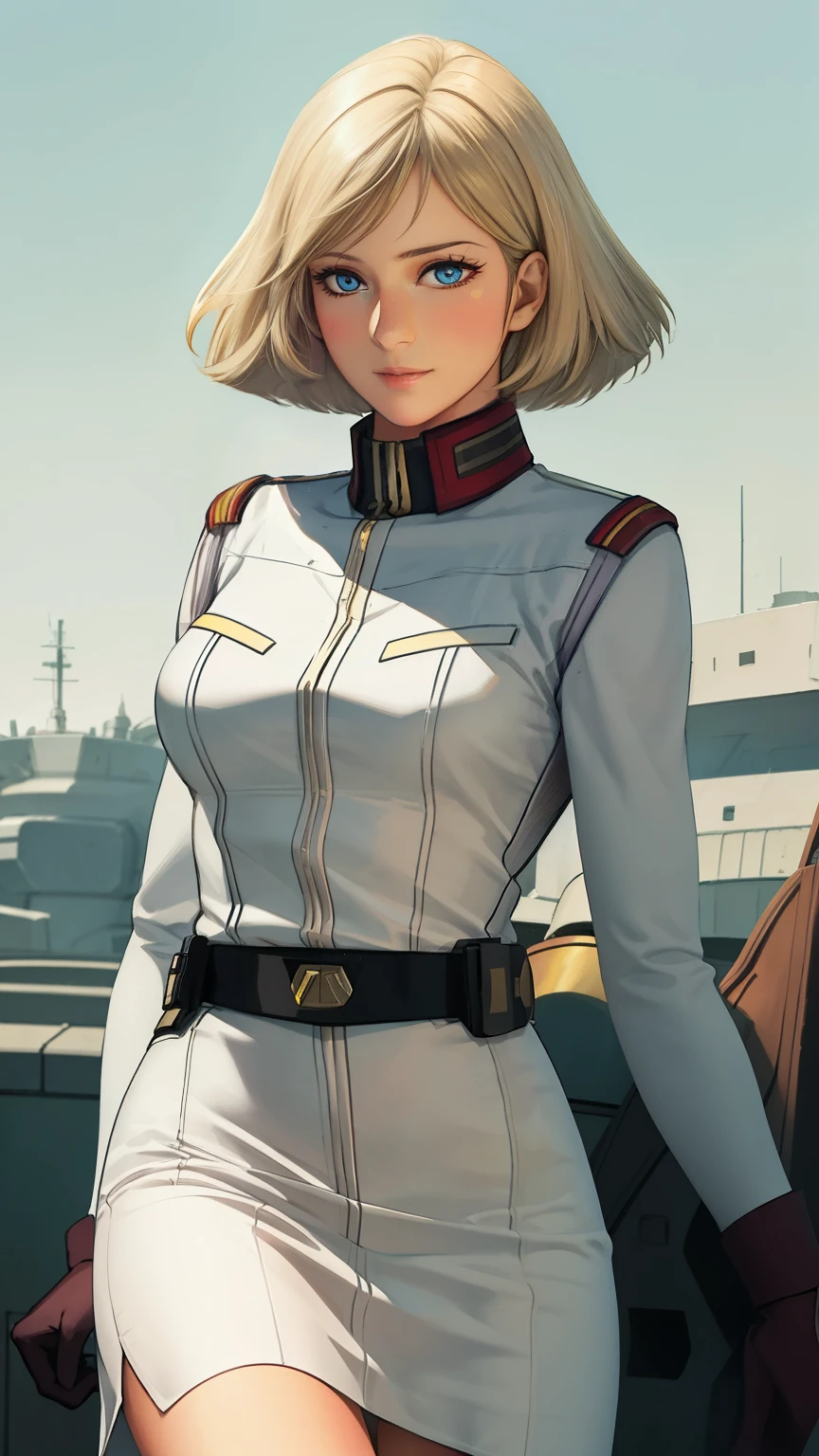 One Girl, Sayla Mass, elegant, Tabletop, Complex, 超ミニskirt、federal army uniform、Realistic, highest quality, Absurd, High facial detail, Perfect Eyes, 18-year-old, Cowboy Shot, realization、, Vibrant colors, White Uniform, skirt