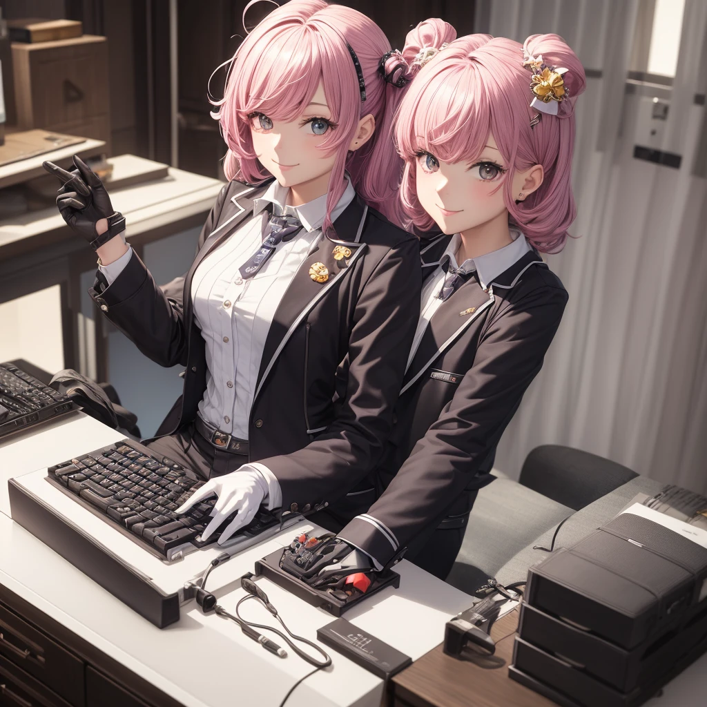 masterpiece, highest quality, Twitch-chan, Hair Clip, hair ornaments, Collared shirt, No sleeve, tie, gloves, sitting behind a desk, View Viewer, smile, wave hands, bedroom, bed, computer mouse, keyboard
