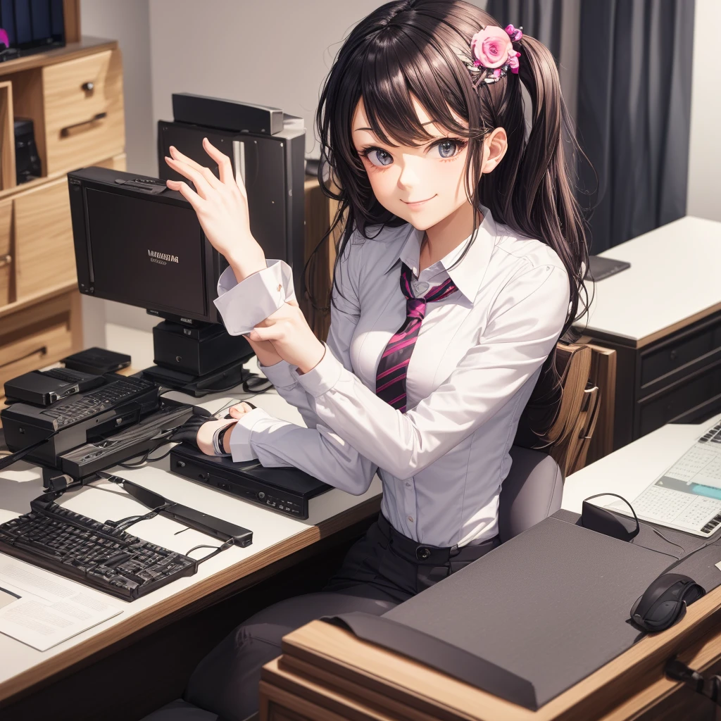 masterpiece, highest quality, Twitch-chan, Hair Clip, hair ornaments, Collared shirt, No sleeve, tie, gloves, sitting behind a desk, View Viewer, smile, wave hands, bedroom, bed, computer mouse, keyboard 