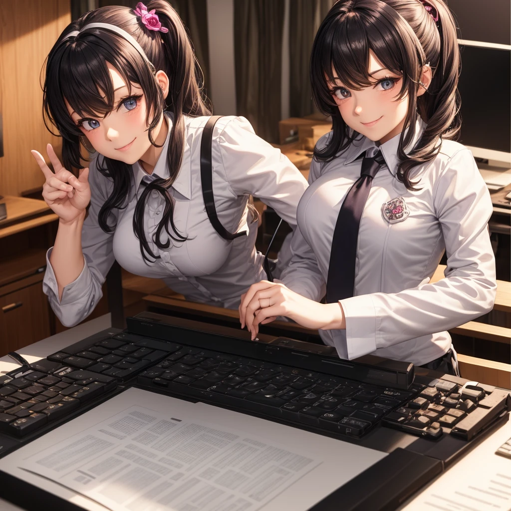 masterpiece, highest quality, Twitch-chan, Hair Clip, hair ornaments, Collared shirt, No sleeve, tie, gloves, sitting behind a desk, View Viewer, smile, wave hands, bedroom, bed, computer mouse, keyboard 