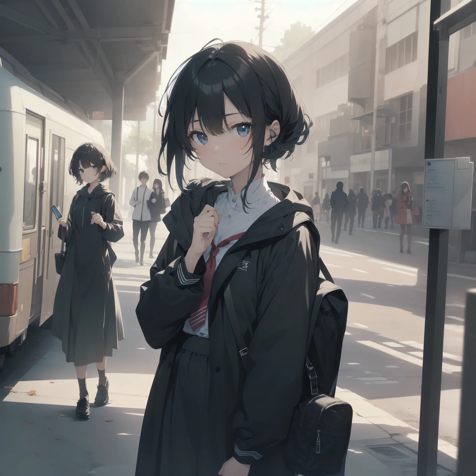 ultra-absurdres-Top quality by artist God, ultra-detailed, high resolution, anime moe artstyle, best anime 8k konachan wallpaper, pixiv contest winner, pool:2810, perfect anatomy,break, 1girl, (Please draw a girl walking sleepily to school alone. )break,(Solo,little female, 13-year-old:1.3),Full limbs, complete fingers,a junior high school student, (very short hair), short cut, flat chest, , small butt, small black eyes, beautiful detailed eyes, well-proportioned iris and pupils, expressive eyes, highres detailed hair, soft expression, salor school_uniform, sailor collar, serahuku, bow, pleated skirt,(Detailed Lighting), (Detailed background), in the School commute route. break,super detailed skin, Best cinematic lighting powered by famous artist, 8k,beauty illustration,photoshop_(medium),very aesthetic,break,((artist:taisa_(kari) )), artist:clamp ,artist:carnelian ,artist:kantoku ,

