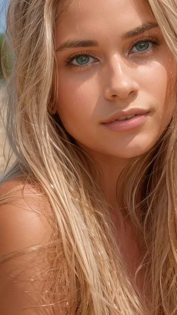 Hailey Olivia Smith, 1 Girl 18 years old, long hair, looking at viewer, blonde hair, green eyes, ((full entire nude body)), lips, realistic, nose, flirting with the camera, at the beach (4k photo:1.1) by (Jeremy Lipking:0.3), (Dittmann Anna:0.3), (Arian Mark:0.3), (Sharp focus:1.3), high detail, beautiful detailed face, beautiful detailed mouth, beautiful detailed eyes, beautiful detailed nose, hazel eyes, long blonde hair, (attractive young woman:1.3), (seductive:1.1), (smiling:1.1), (blushing:1.1), hourglass body shape