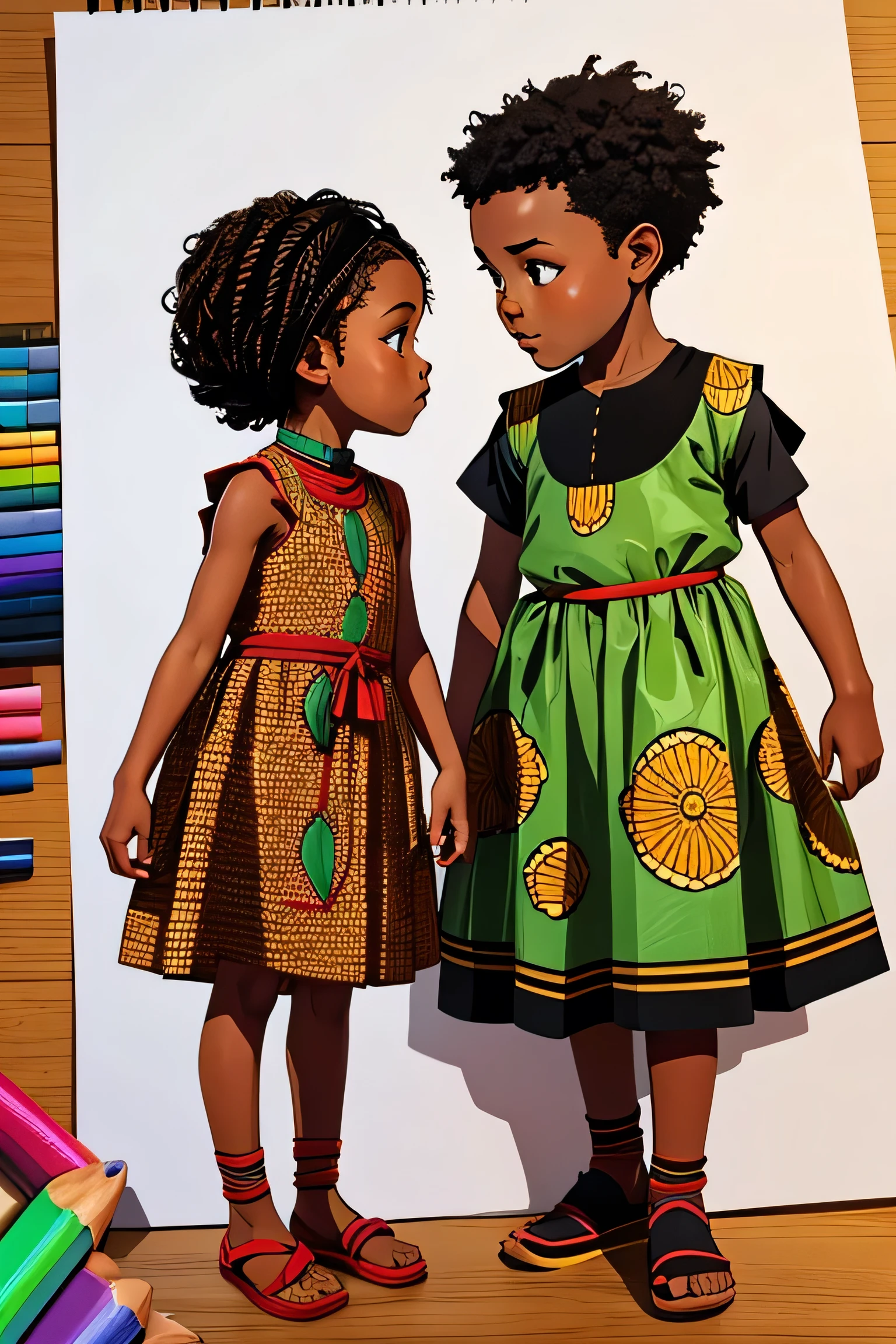 create a drawing of two black children talking and wearing traditional African clothes