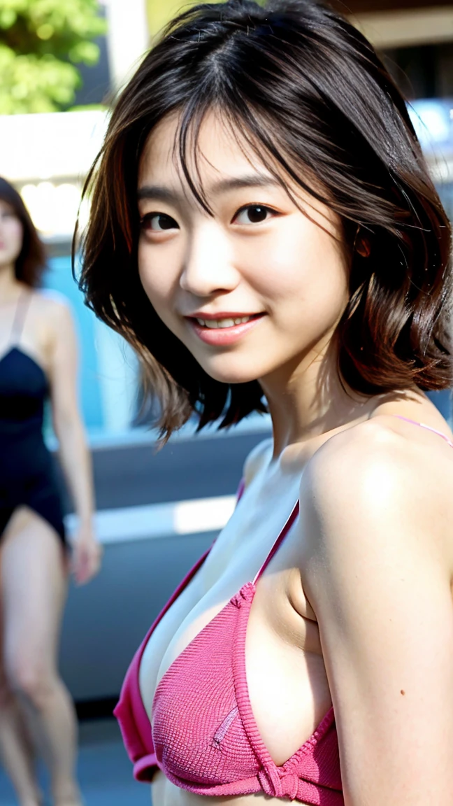 Satomi Ishihara、Japanese、woman、smile、Cleavage、1 Model、Small Bikini、Narrow waist、The background is the city、Fair skin、Fluffy hair、High resolution、Turn your body to the side、light makeup、Sounds serious.、short hair、Bob Hair、whole body、Side View Angle、Nervous smile、Small Mouth、single