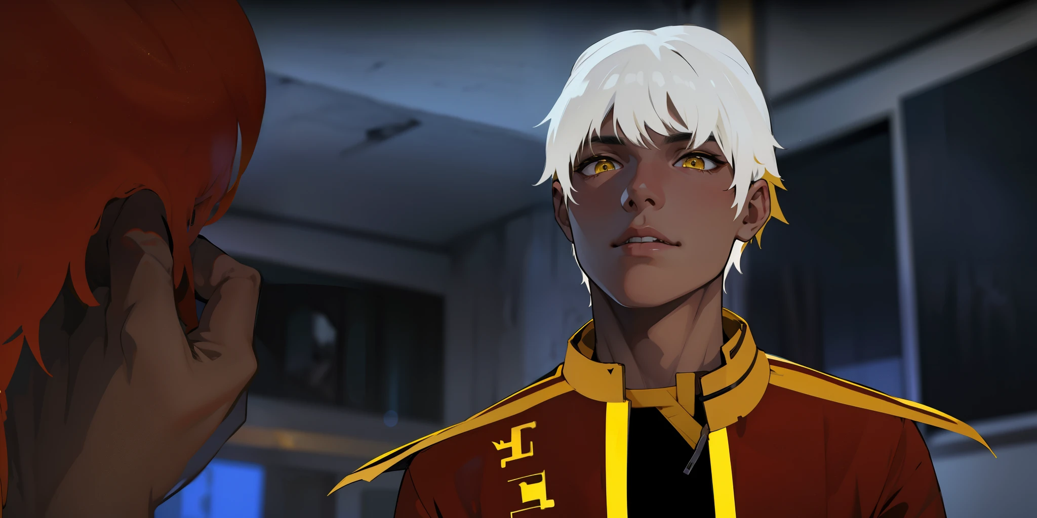 cute 18 year old boy, yellow eyes, white hair, has golden armor, black clothes with yellow 