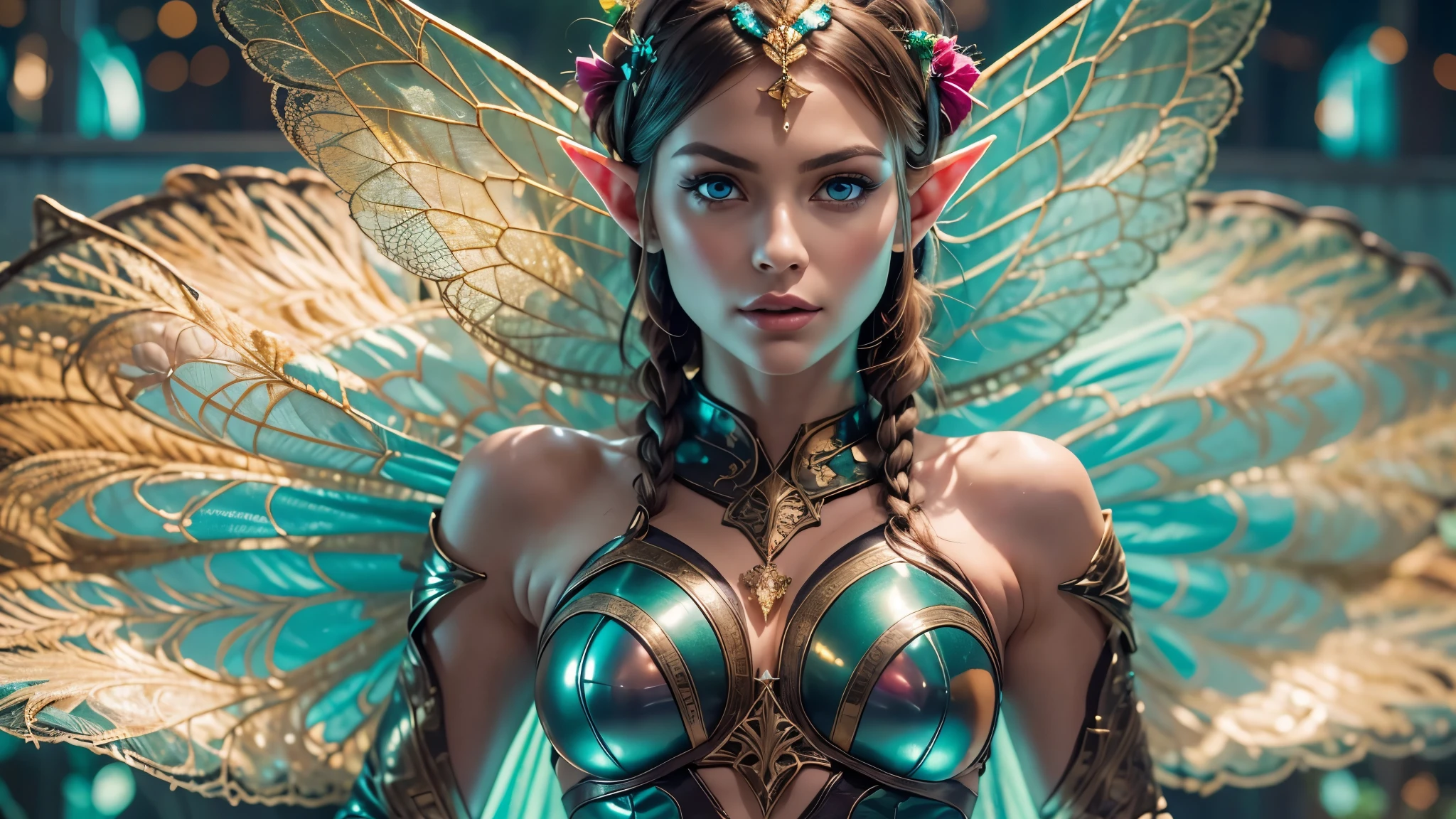 Beautiful faerie woman, elf ear, flying, hovering, floating, centered holographic dragonfly wings, balanced wings, glowing blue eyes, detailed proportional hand, proportional body, firm breast, silk tutu, frank Frazzetta painting style, (Best Quality:1.4), (Ultra-detailed), (extremely detailed CG unified 8k wallpaper), Highly detailed, RAW Photos, Professional Photography, plein air, Illumination, (Super fancy photos:1.4), (Dazzling light), Radiant Photography, depth of fields,