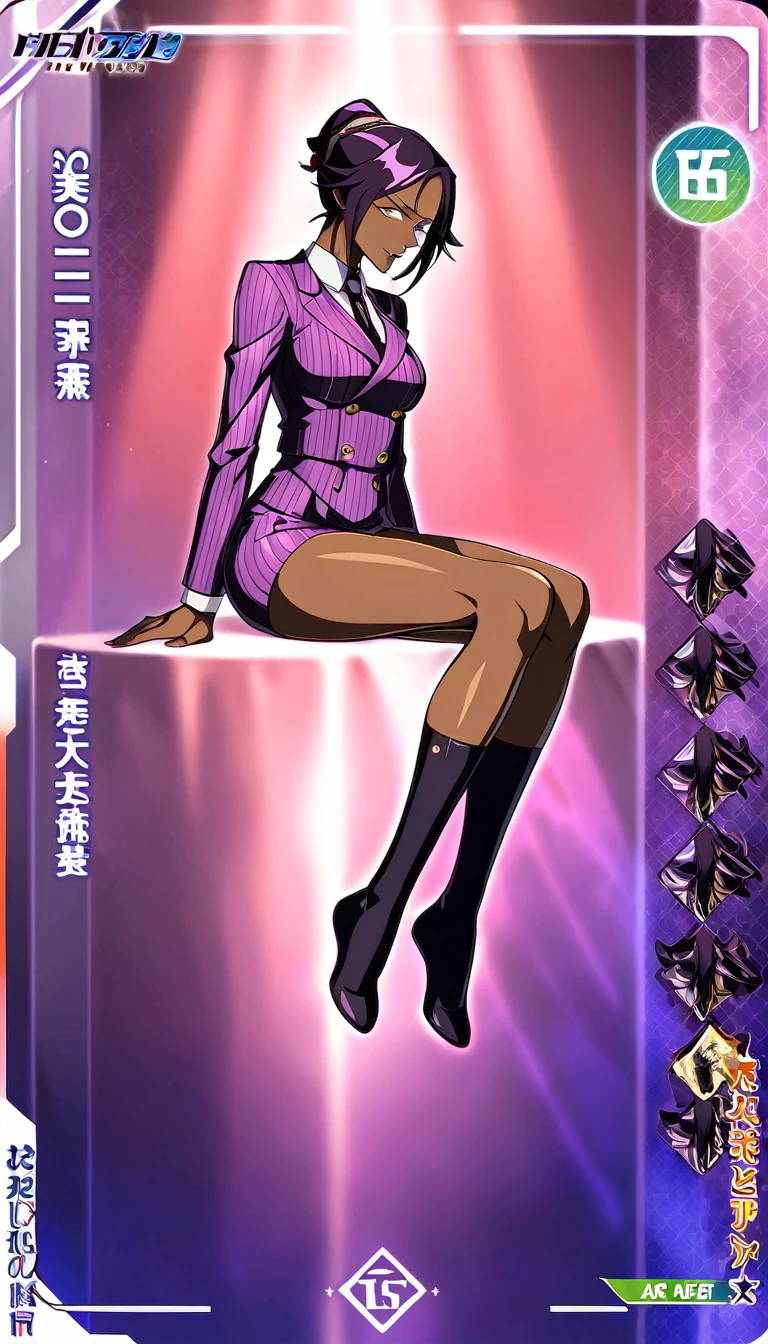  Full body Yoruichi as a thin Black business woman in a double breasted pinstripe purple  skirt suit while wearing a tie with a very long purple pinstripe skirt that covers the legs and with long black knee socks full art and make her sit down also give her thin legs and purple heels