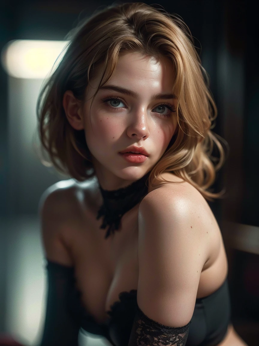 (((ultra realistic))) full waist up pose , upper knees pose , facing front , frontal view to camera ,masterpiece, top quality, (pale skin), (Ultra detailed face and eyes:1.3), 1 ultra hot sexy girl, young sensual seductive look , ((dark blonde hair)), ((double bangs)) , (Natural breasts). ((sensual seductive smirk alluring Posing)), 23 yo, (Contour lighting), (The play of light and shadows), depth of field, bokeh, (special attention to skin detail: 1.2), Detailed leather texture, skin pores. (colorfull and gloomy atmosphere of the frame. color scheme - Gray, colors tone)