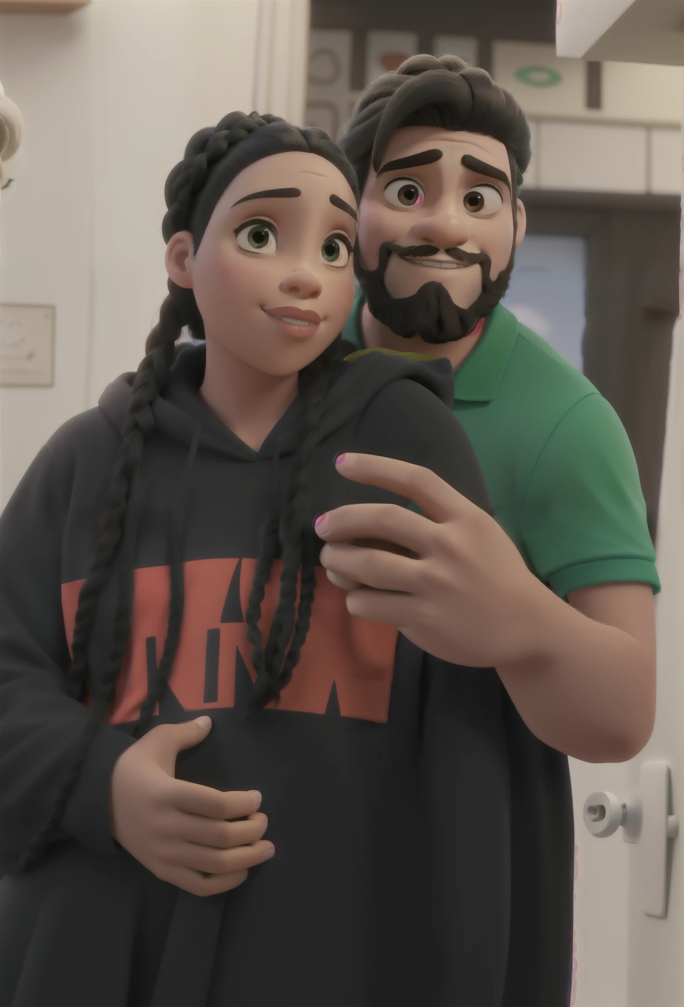 casal apaixonado, ele esta de verde beijando ela, he is white with straight hair and a beard, ela lindos olhos, she is black with African braids, estilo disney pixar, alta qualidade, melhor qualidade