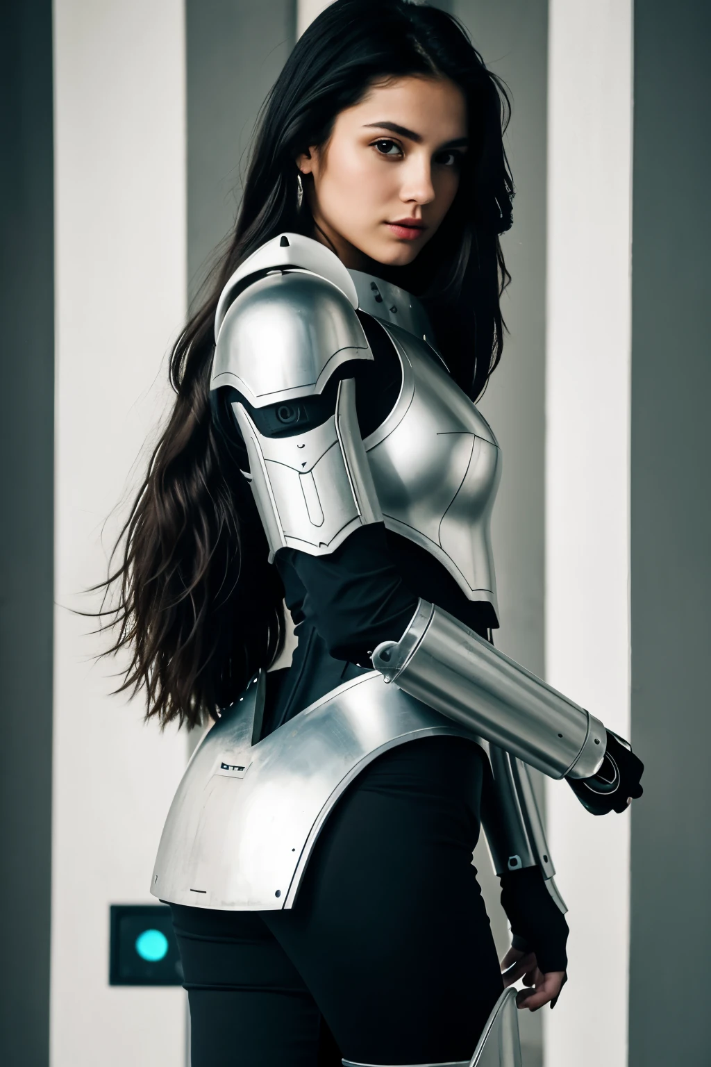 Create a tattoo design: estilo lineal, sin texturas, degradado de color o sombreado. Fondo blanco. Represent a beautiful 23 year old girl with very long hair. She is dressed in futuristic robotic armor and is in an attack position. La pose es de ella caminando hacia el espectador.