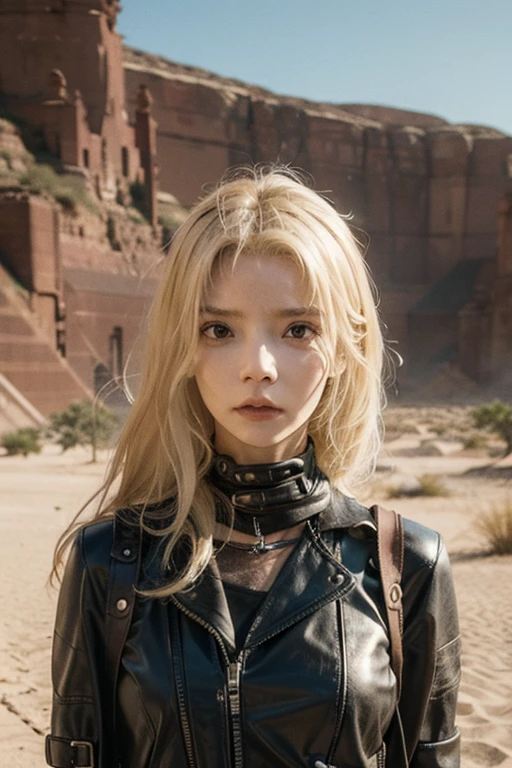 girl, Leather Fashion, Bondage, Blonde, Platinum Blonde, 
Mad Max風の衣装コスプレ, skinny, slender,
 Exposed leather, 黒茶色のBondageレザー, 
Dry Moorland, sunshine, Outdoor, オーストラリアのdesert, desert, 
Dirty and worn-out modified car, Mad Max, 
ボロボロのBondage, Dirty Leather, 破れたBondage, 
