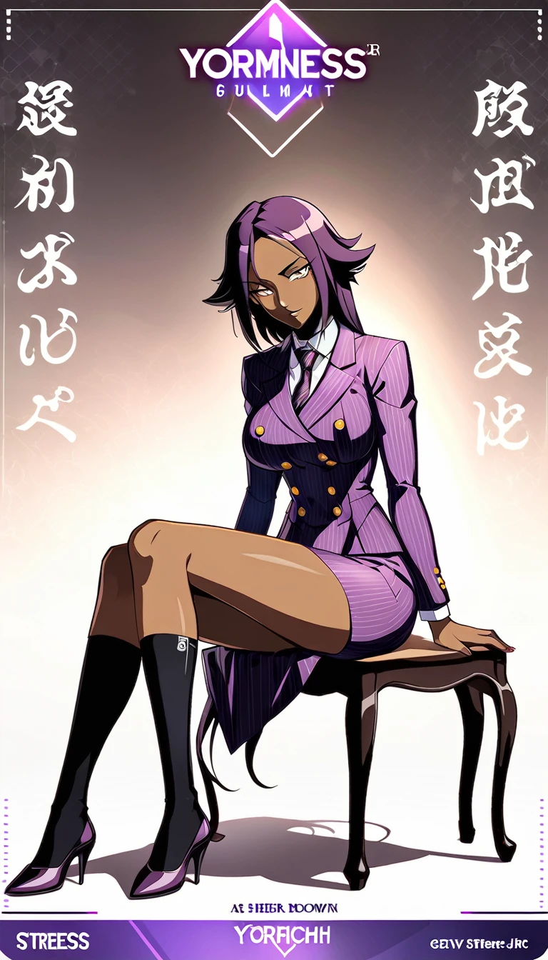  Full body Yoruichi as a thin Black business woman in a double breasted pinstripe purple  skirt suit while wearing a tie with a very long purple pinstripe skirt that covers the legs and with long black knee socks full art and make her sit down also give her thin legs and purple heels