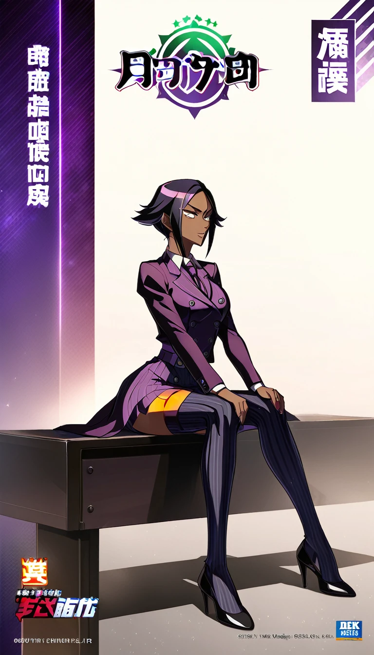 Full body Yoruichi as a thin Black business woman in a double breasted pinstripe purple  skirt suit while wearing a tie with a very long purple pinstripe skirt that covers the legs and with long black knee socks full art and make her sit down also give her thin legs and purple heels