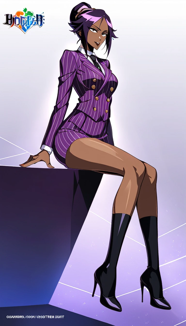  Full body Yoruichi as a thin Black business woman in a double breasted pinstripe purple  skirt suit while wearing a tie with a very long purple pinstripe skirt that covers the legs and with long black knee socks full art and make her sit down also give her thin legs and purple heels