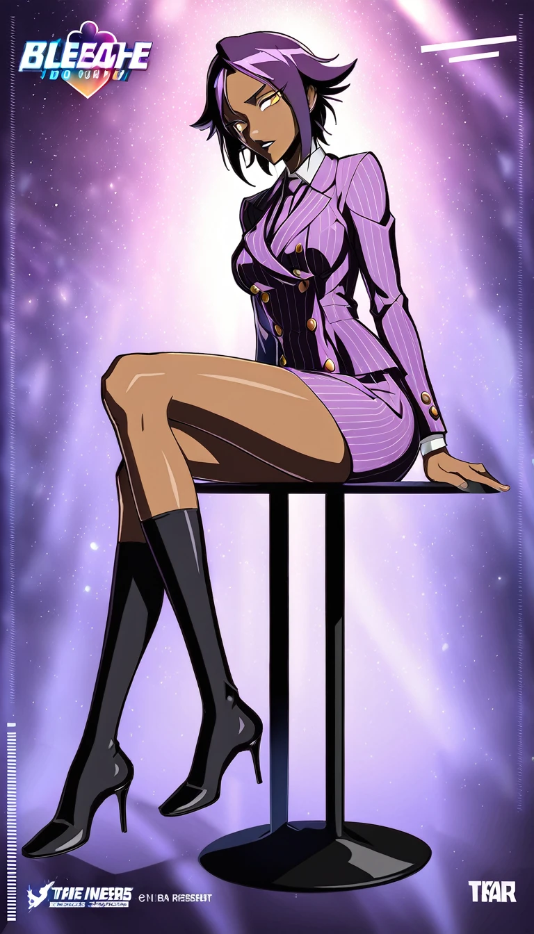  Full body Yoruichi as a thin Black business woman in a double breasted pinstripe purple  skirt suit while wearing a tie with a very long purple pinstripe skirt that covers the legs and with long black knee socks full art and make her sit down also give her thin legs and purple heels