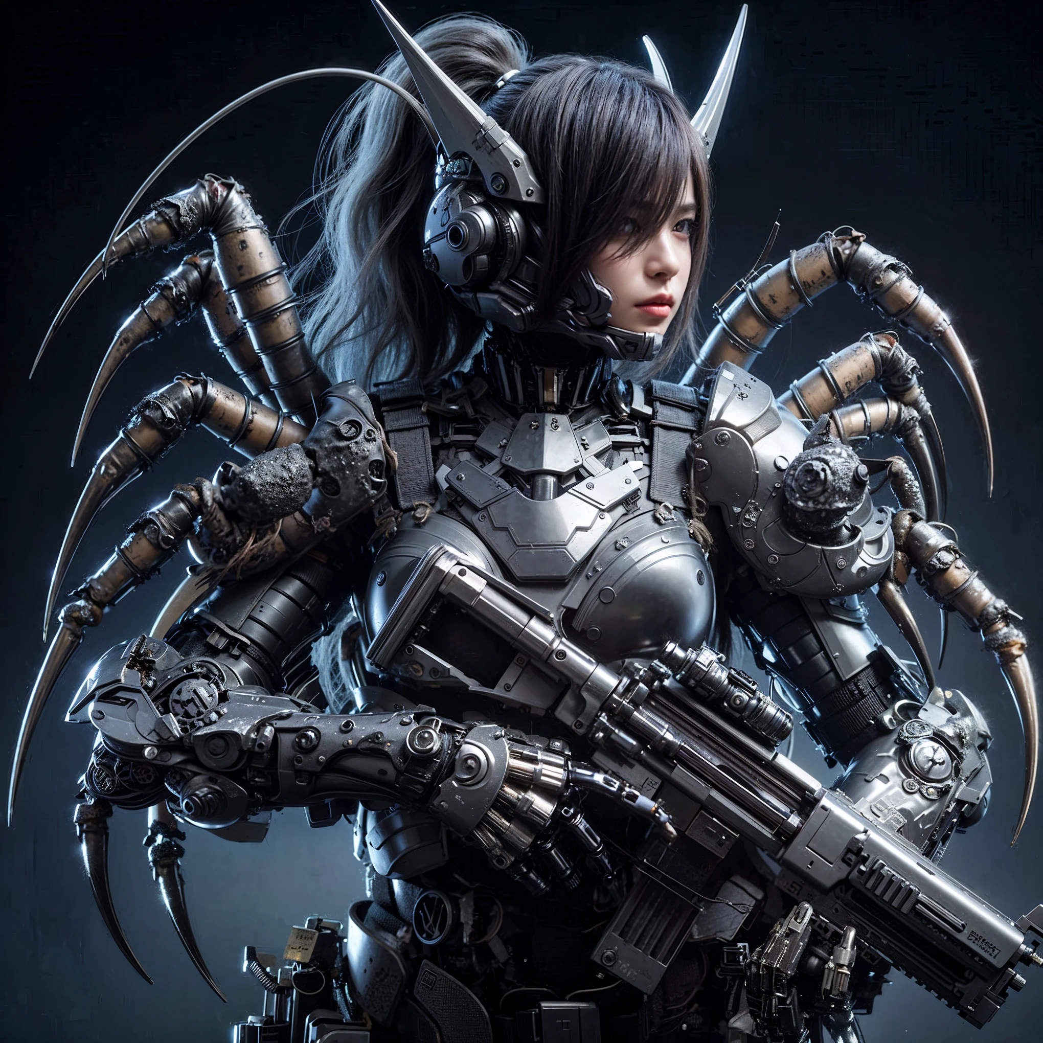 ultra high res,8k,(Photorealsitic:1.4), (beast-like animal wear:1.2), designed by Hajime Katoki,heavy weapons,vivid textures,animal legs, (red hair), japanese female soldier,(ultra beautiful face),((super realistic all textures)), ((super intricate all details)), full body shot, ultra sharp photo result, Acrylic Clear Cover, Hydraulic cylinder, style, taken with Fuji film X-T30+Nokton. HDR10,Minimum of 4 pieces created